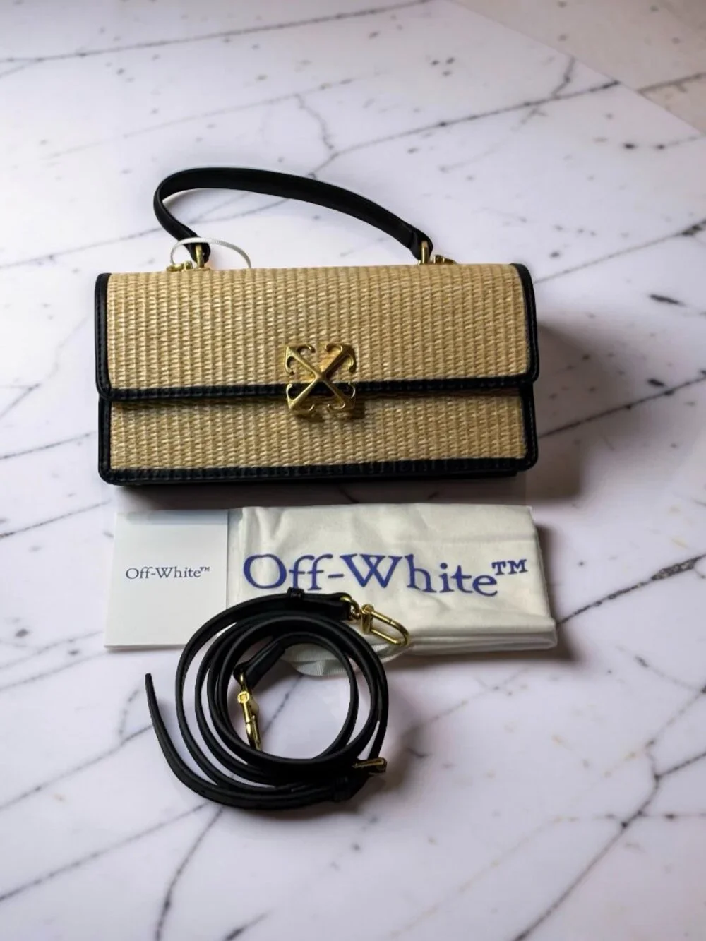 Off White Raffia Top Handle Crossbody Bag Natural Black Gold Arrow NWT